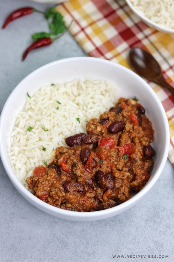 chilli con carne served with rice
