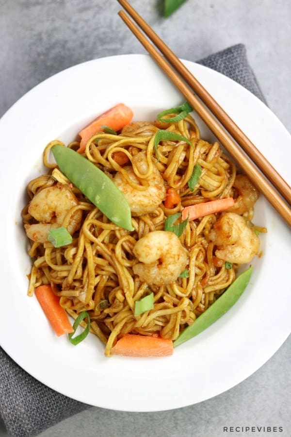 Instant pot lo mein served on a white plate