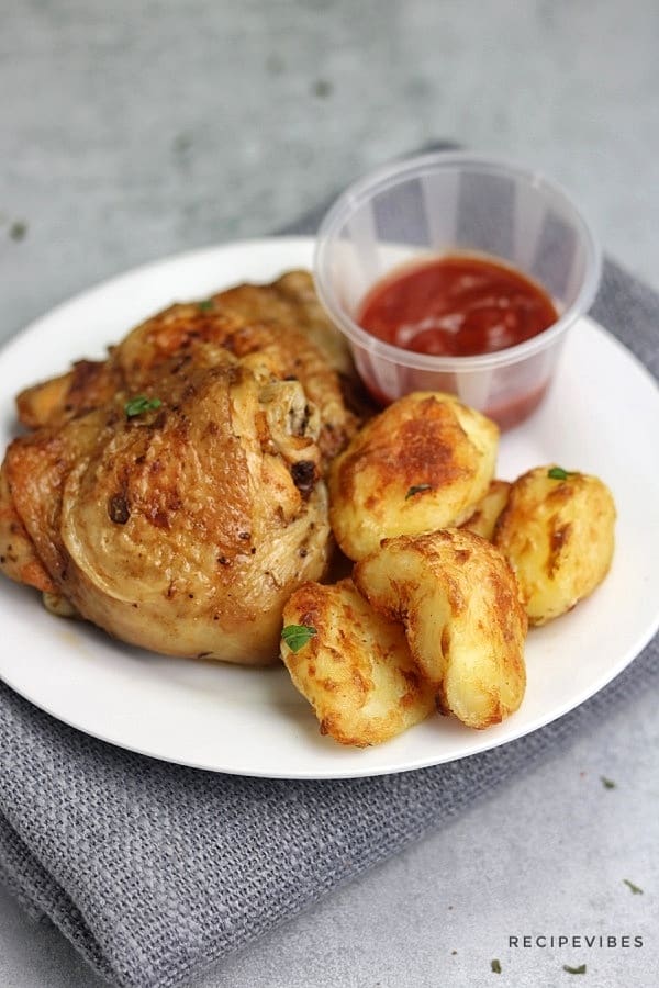 roast potatoes, chicken thigh 