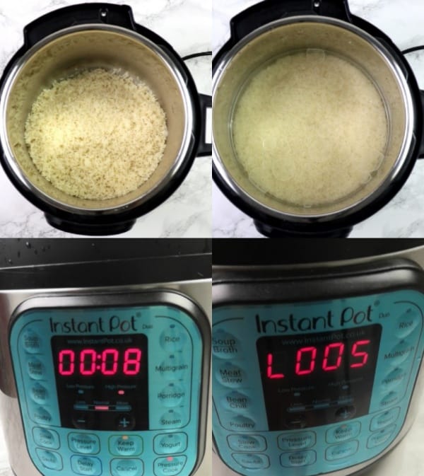 picture collage showing step by step cooking process for instant pot white rice