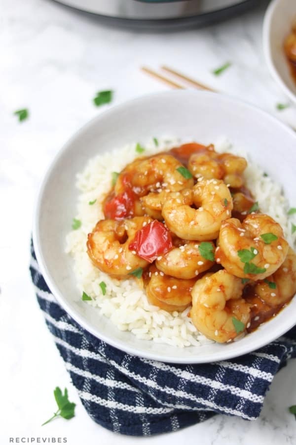 Instant pot shrimp served on white rice