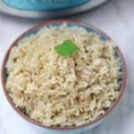 instant pot brown rice served in blue bowl