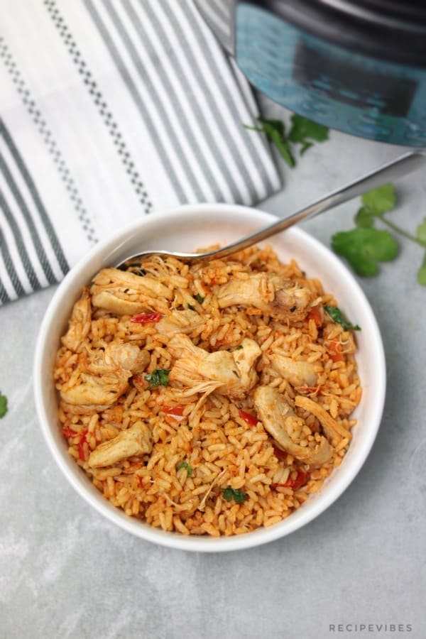 picture showing cooked chicken and rice with instant pot at the background