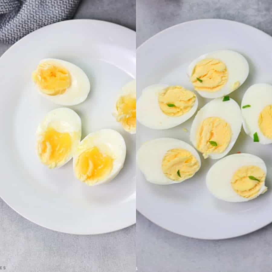 soft boiled and hard boiled eggs pictured together
