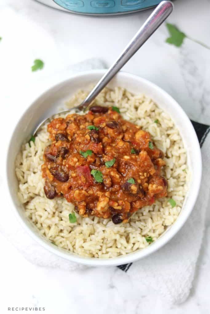 instant pot turkey chili served on brown rice