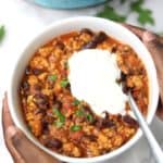 turkey chili topped with sour cream
