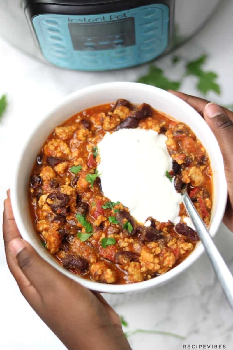 turkey chili topped with sour cream