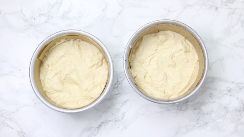 cake batter divided in two pans