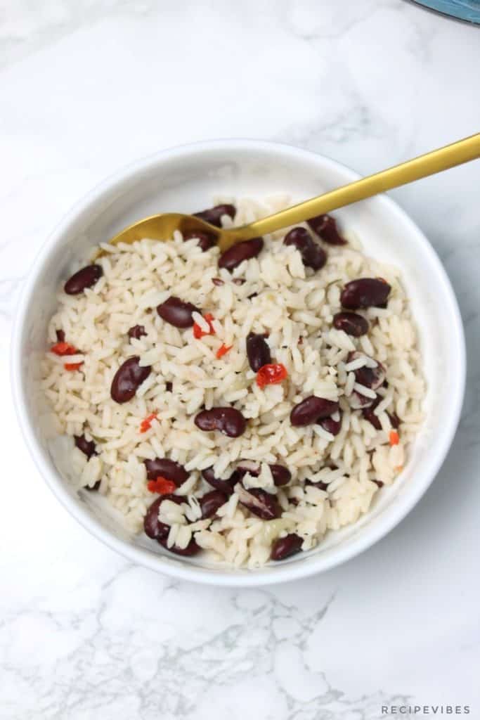 rice and beans in white plate