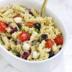 Italian pasta salad in white dish