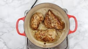 the marinated chicken breasts cooked in a thick base red pot.