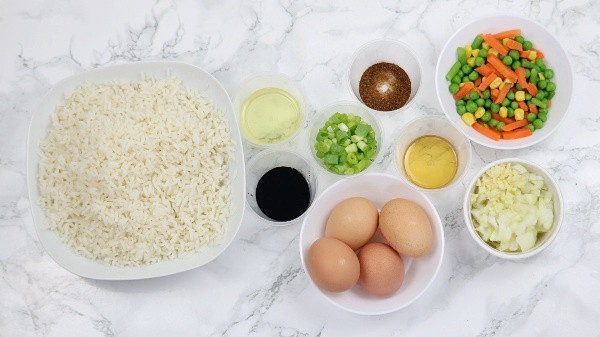 ingredients for egg fried rice displayed.