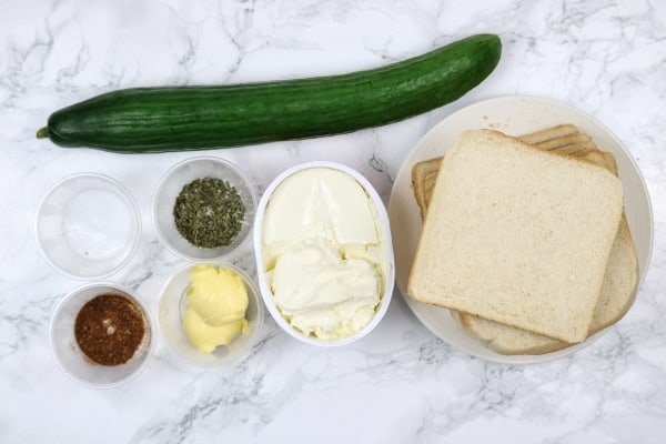 Ingredients for cucumber sandwiches.