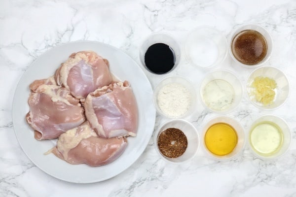ingredients for honey garlic chicken displayed.