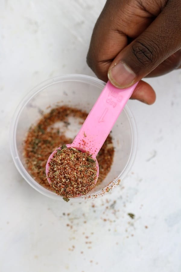 Turkey spice mix held up in a teaspoon.