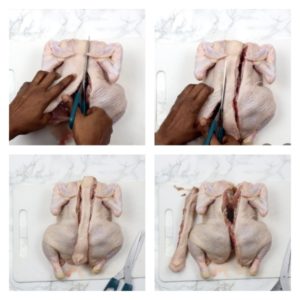 collage of 4 images showing how to spatchcock a chicken.