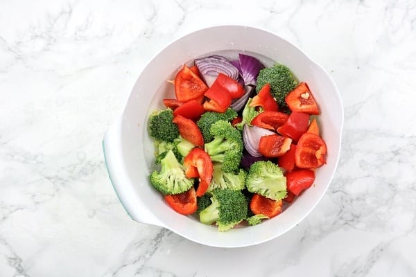 Veggies added into a bowl.
