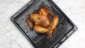 roasted turkey still on the rack over roasting tray.