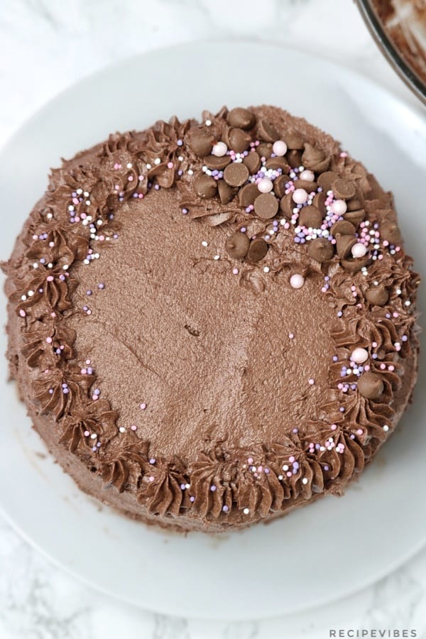 frosted 8 inch chocolate cake.
