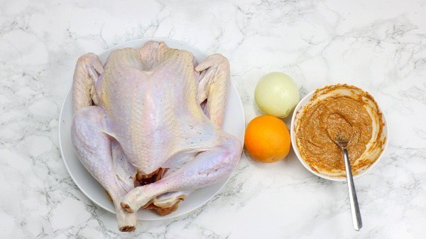 turkey, orange, onion and the marinade displayed.