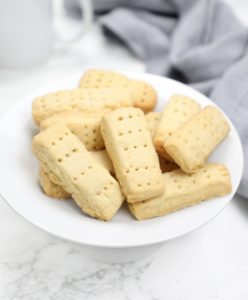 shortbread cookies on a white plate.