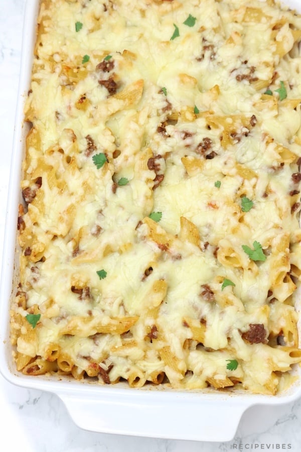 the mince pasta bake in a baking dish.