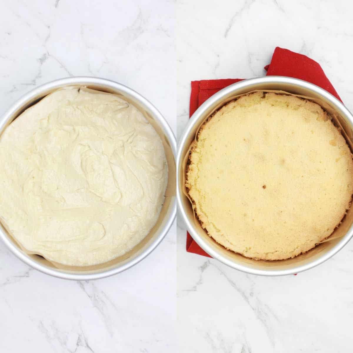 the batter in cake pan on the left and baked cake in pan on the right.