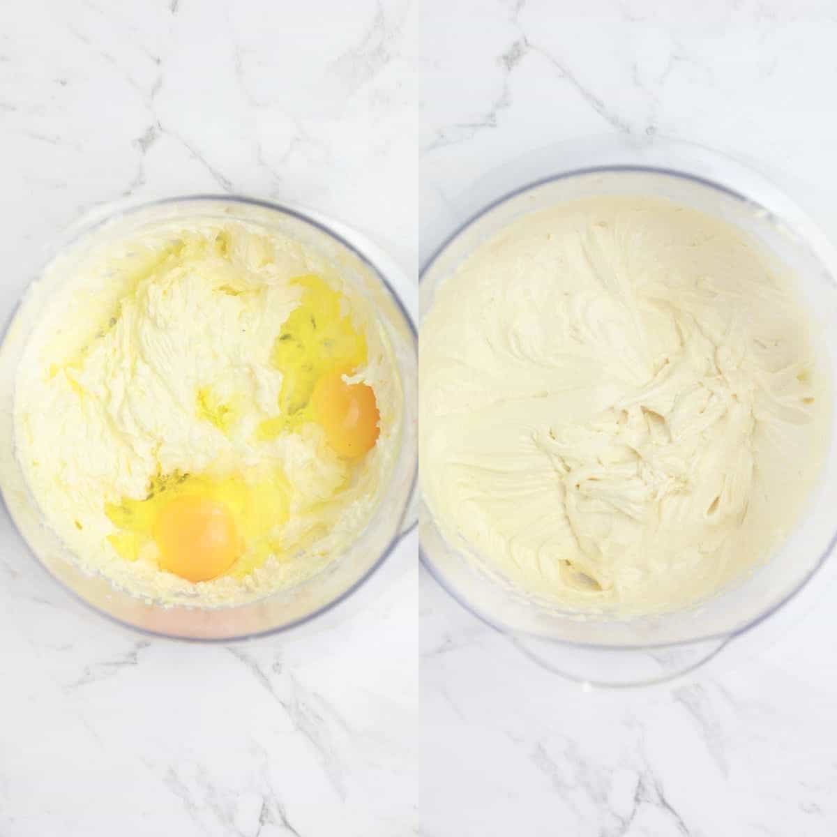 eggs added in the left bowl, and the  batter in the right bowl.