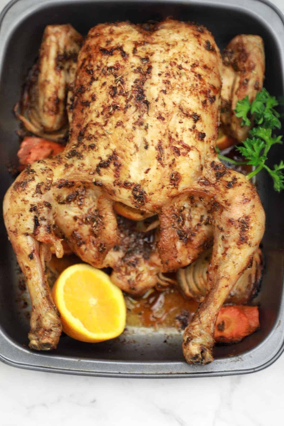 roast chicken displayed.