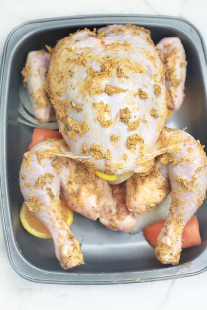 marinated chicken displayed.