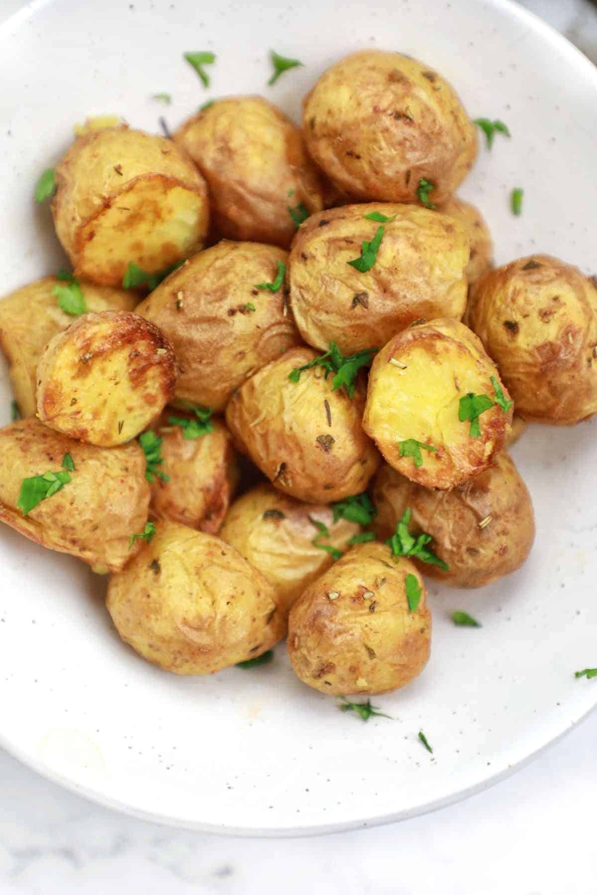 roasted baby potatoes served in a bowl.