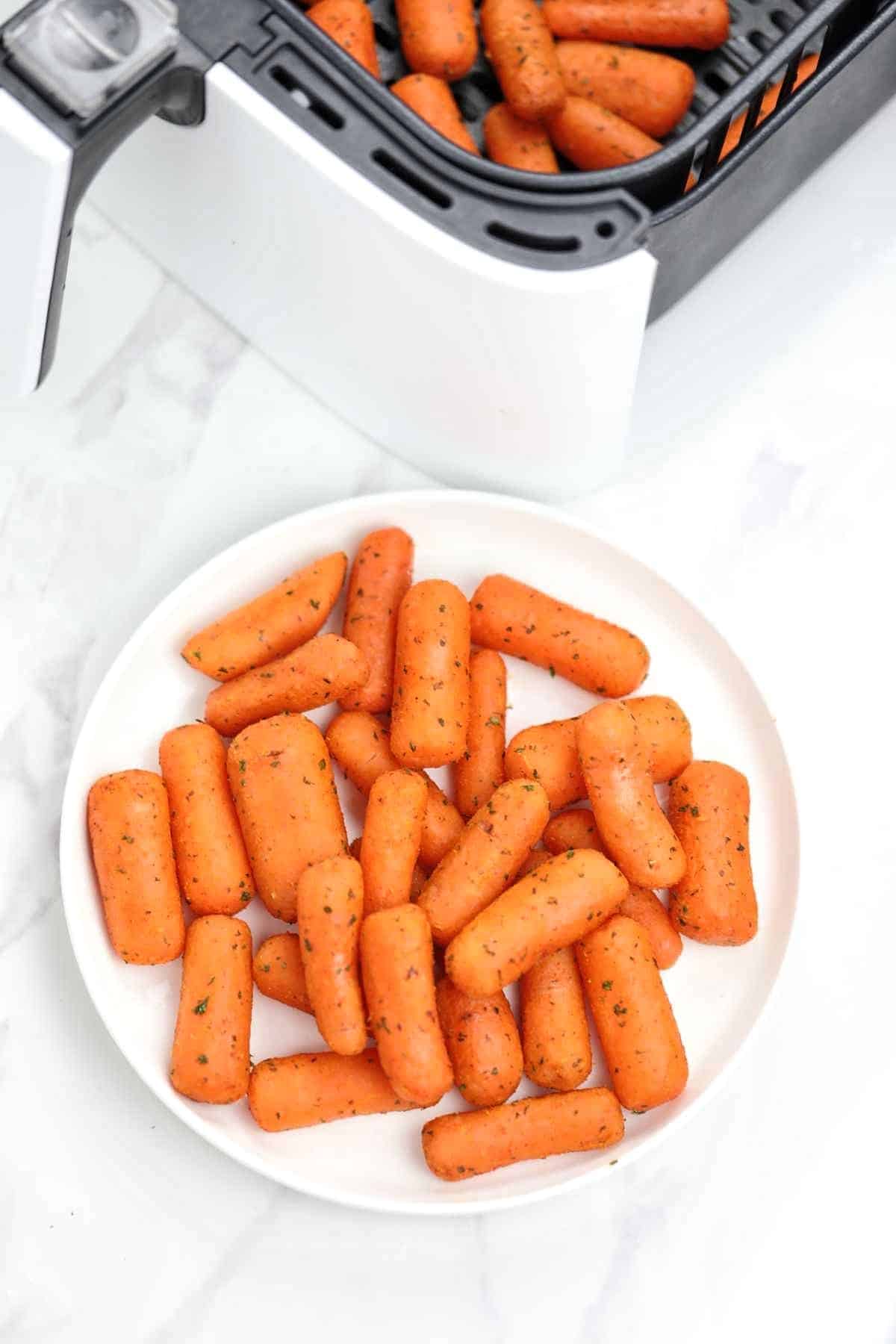 displayed on a white plate and in air fryer basket.