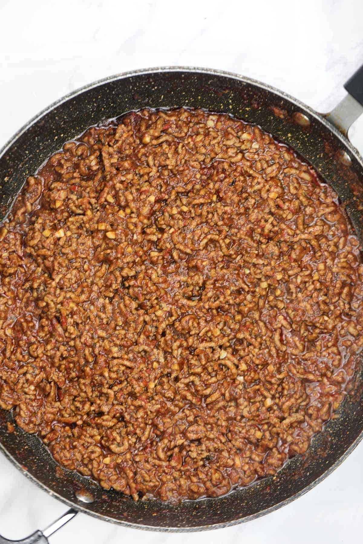 ground beef sauce in a skillet.