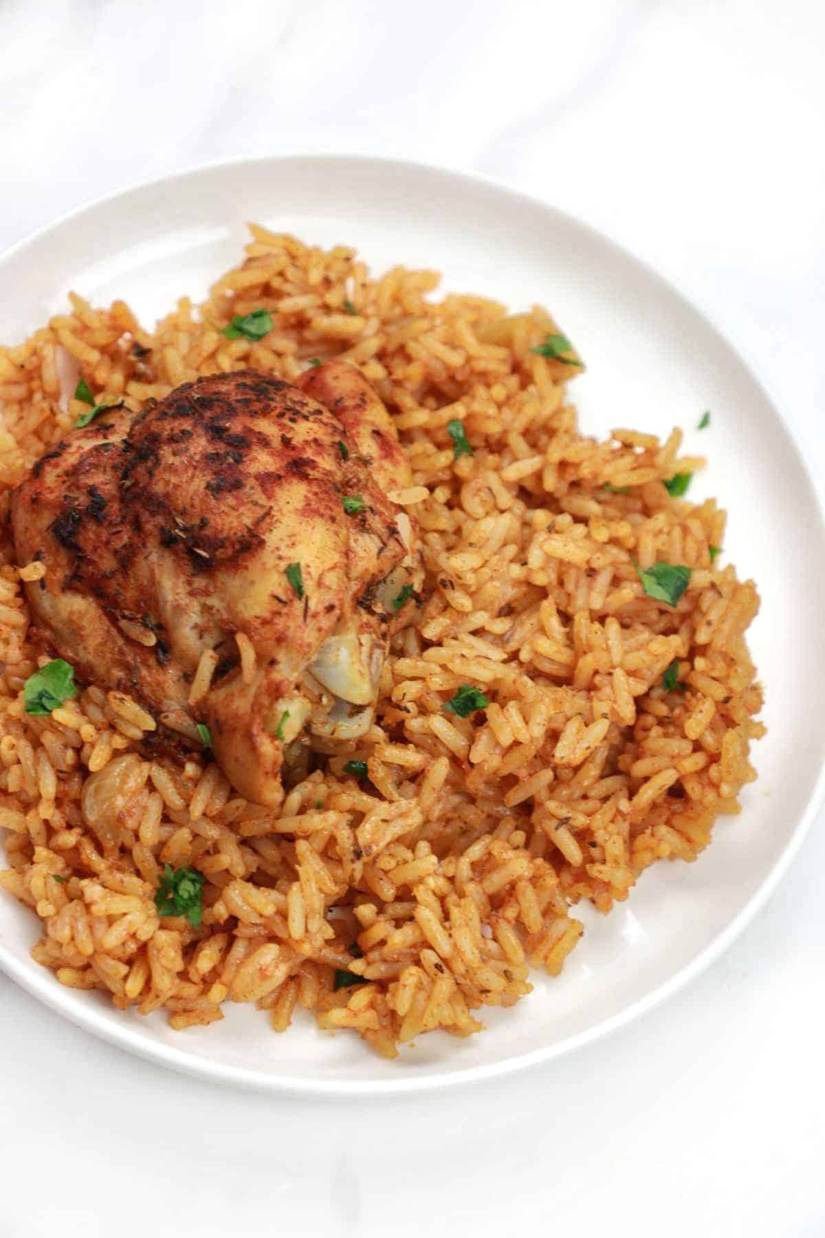rice and chicken served on a white plate.