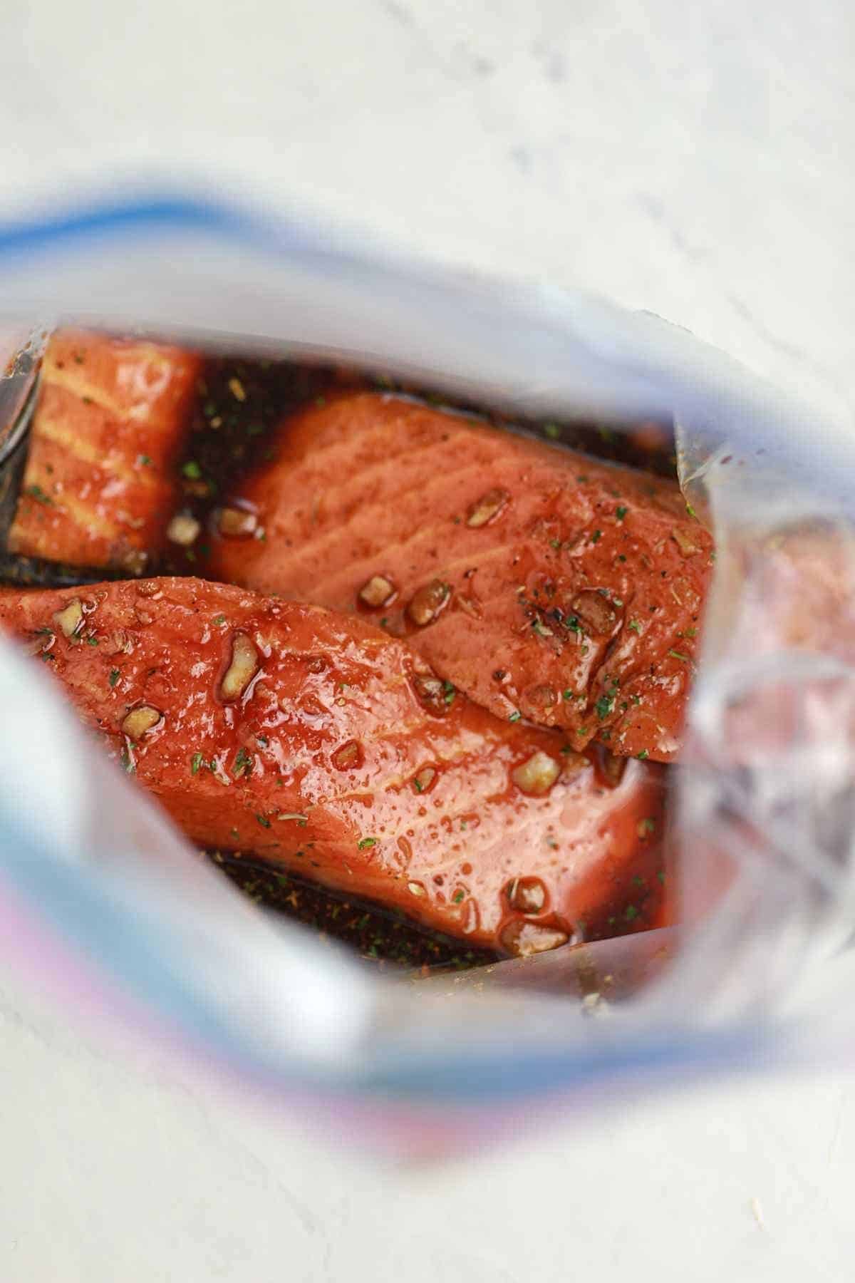 salmon marinade in a Ziploc.