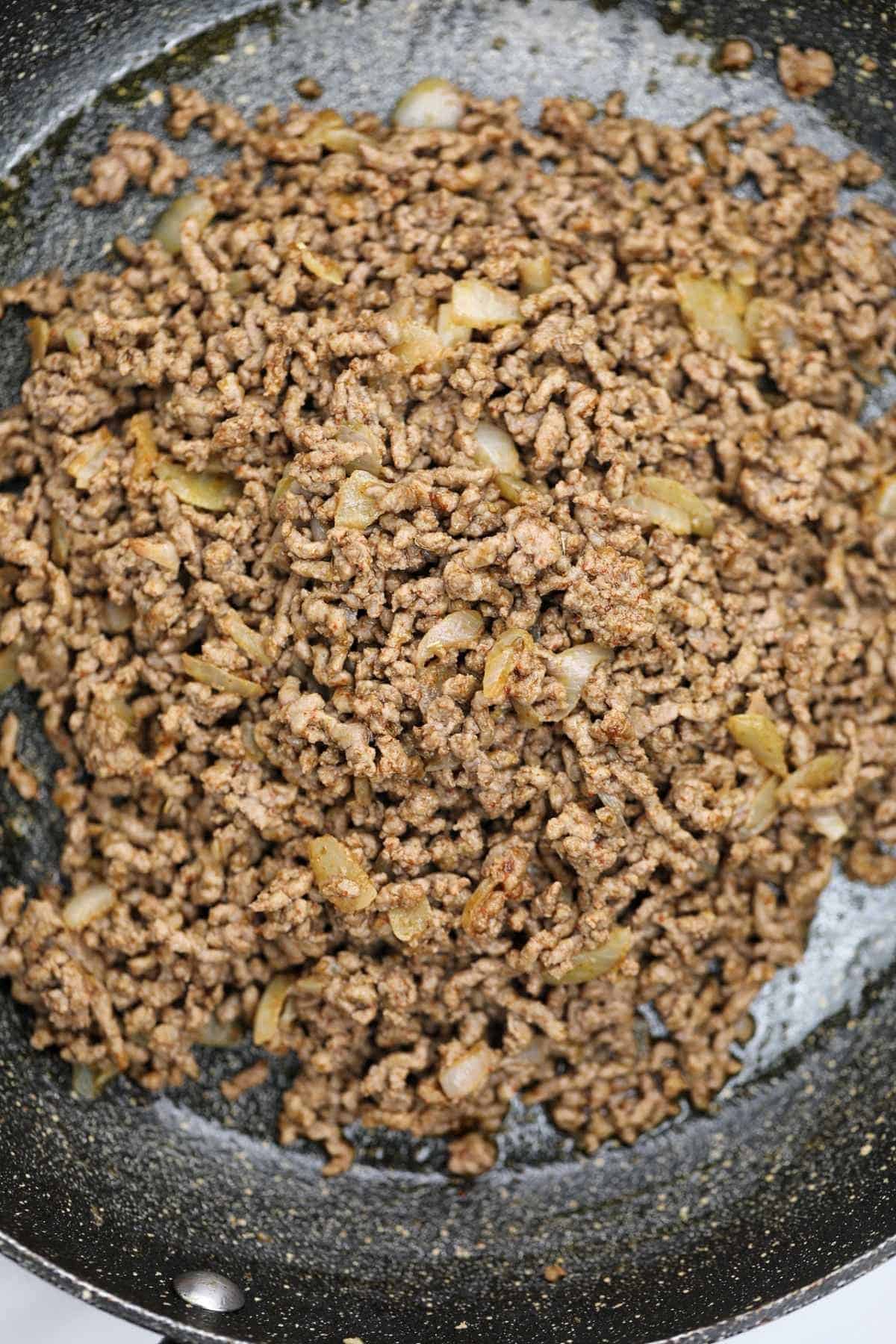 ground beef in a pan.