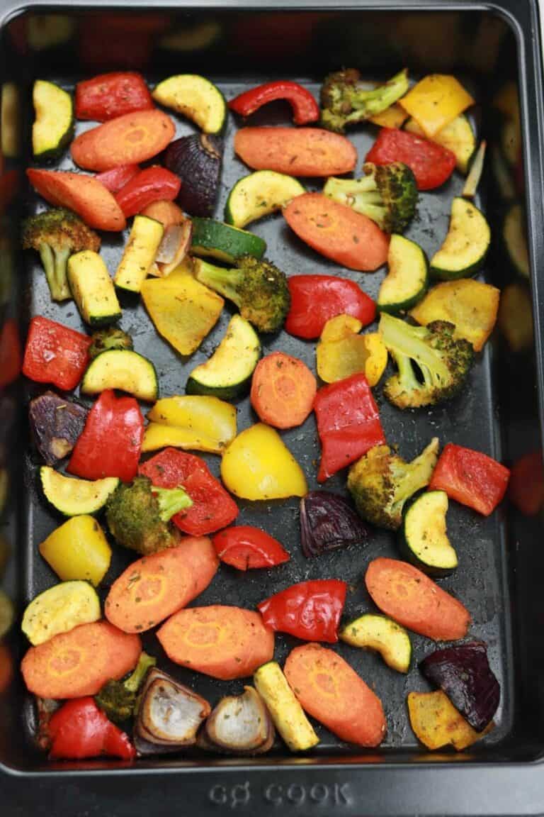 baked veggies in baking pan.