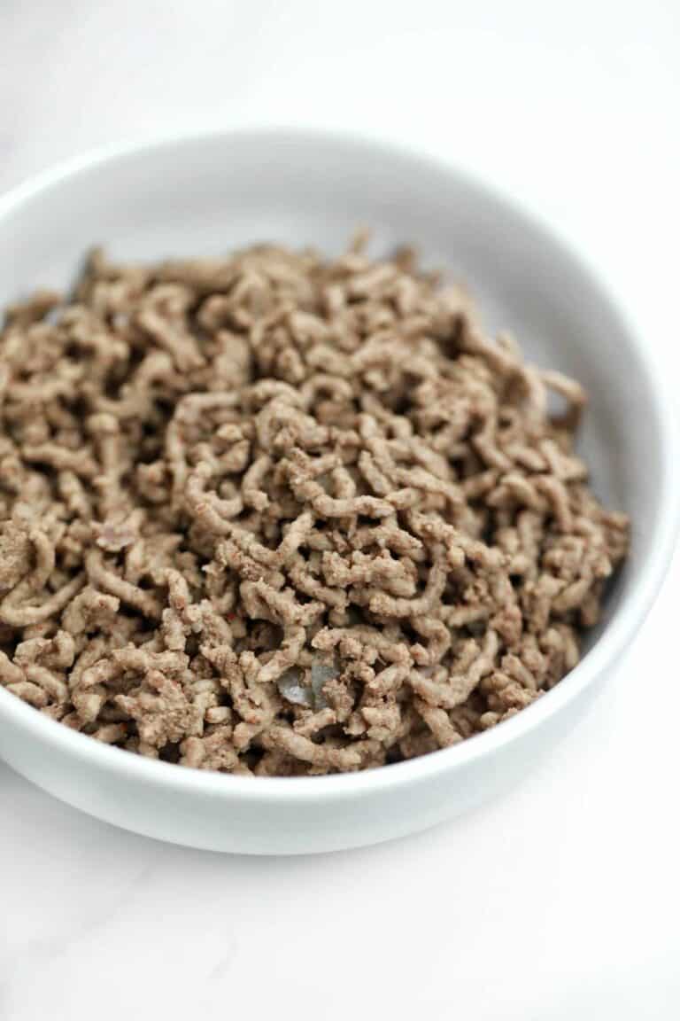 boiled ground beef in a white plate.