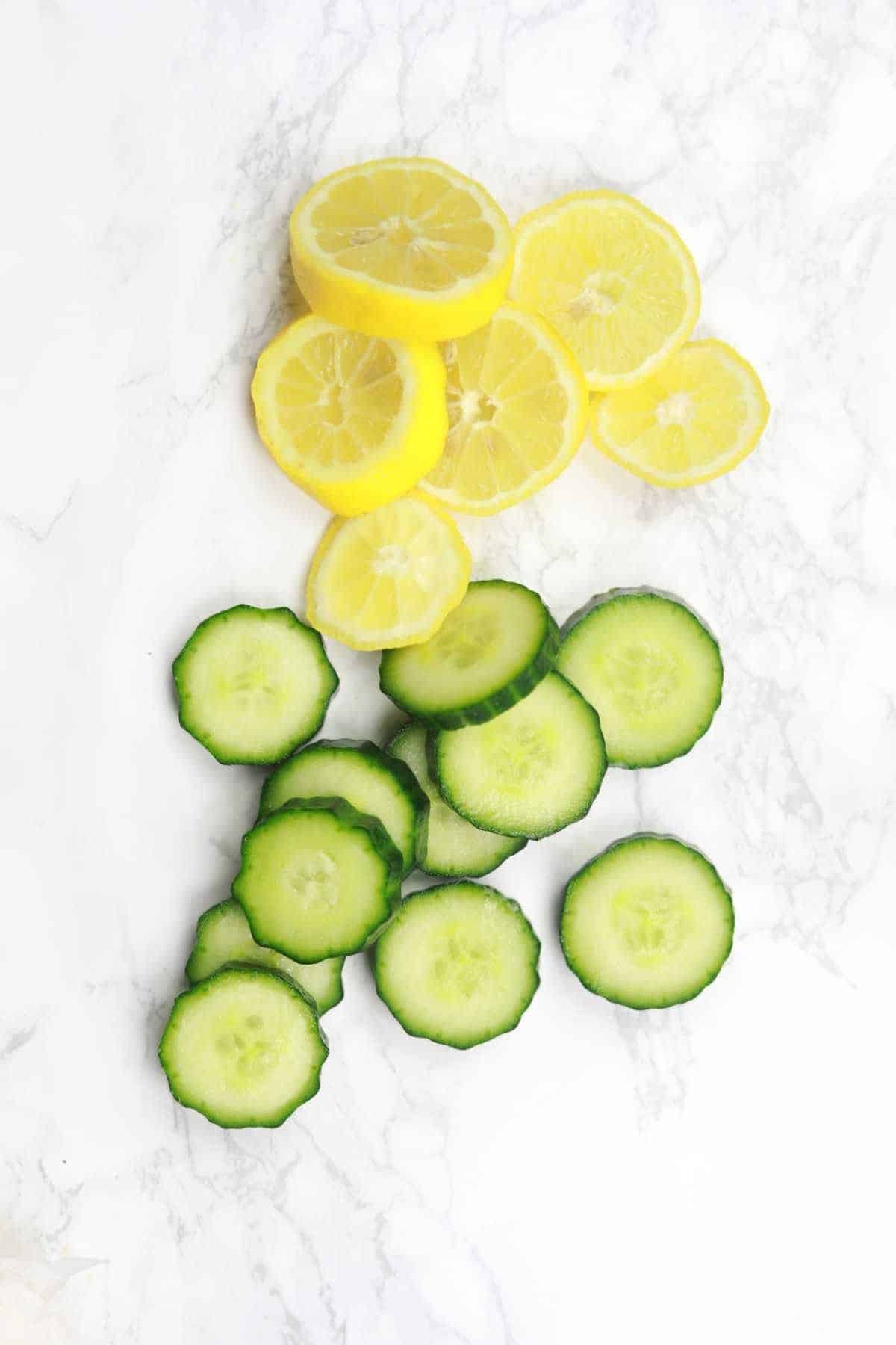 sliced cucumber and lemon.