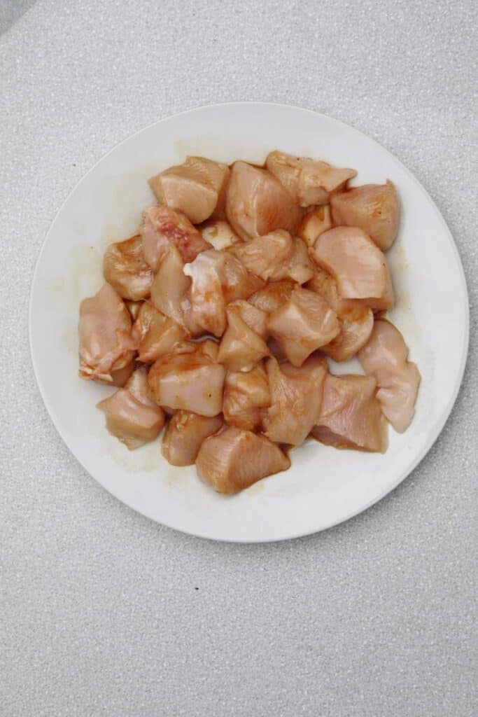 chicken cut into cubes and marinated.