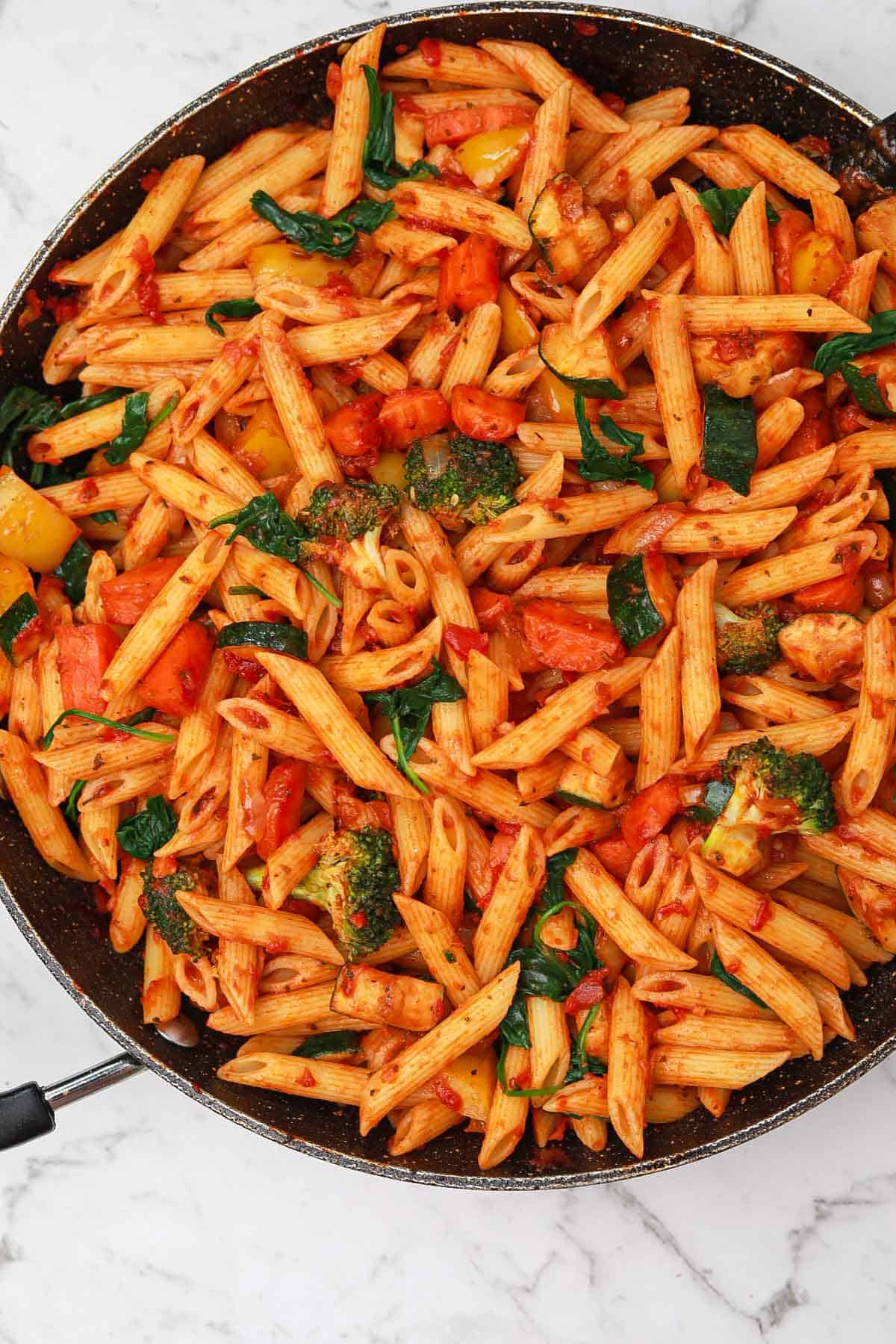 veggie pasta in a skillet.