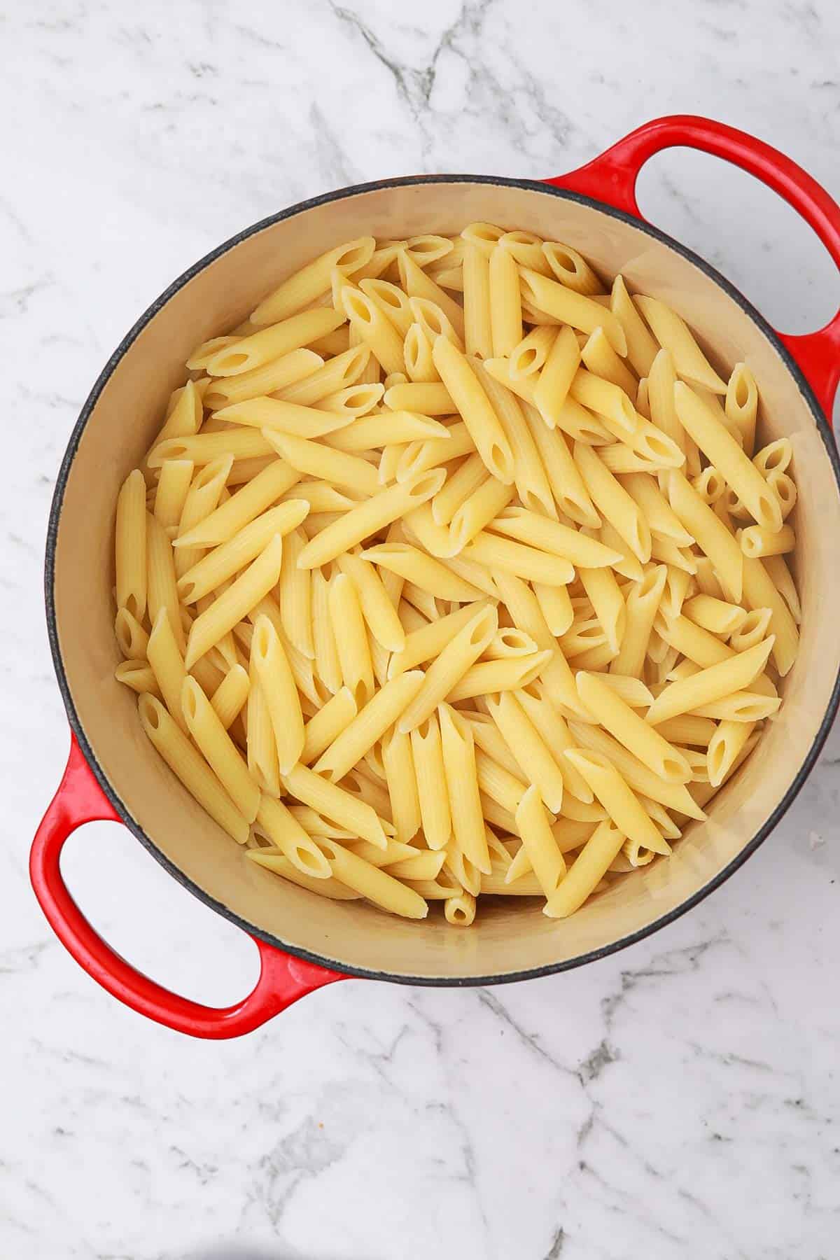 cooked pasta in a pot.