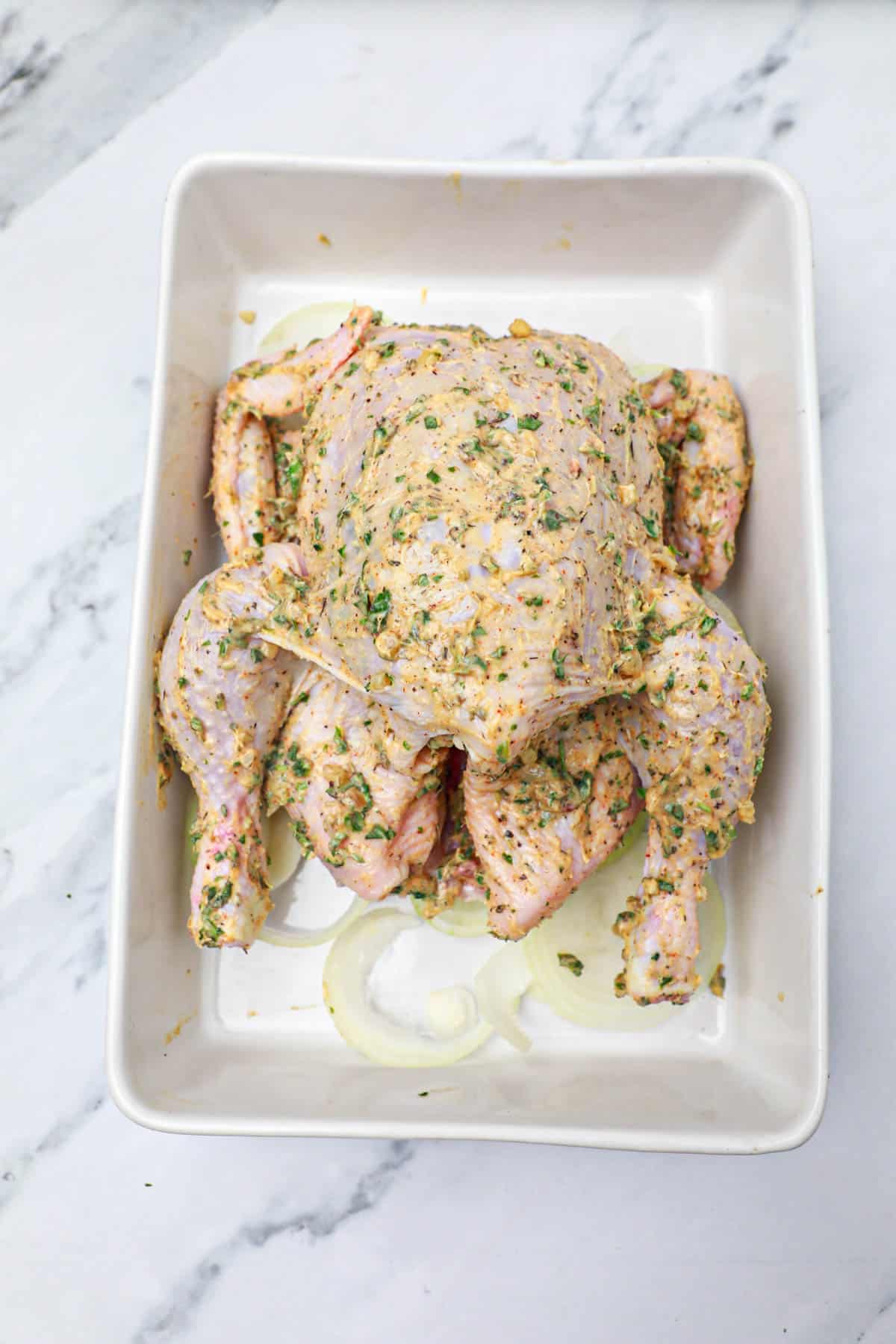 the buttered chicken on a baking dish.