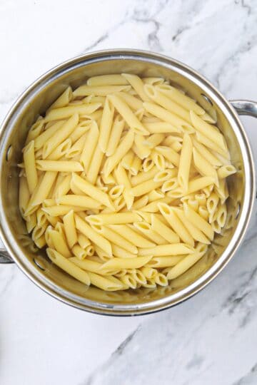 boiled pasta in a pot.