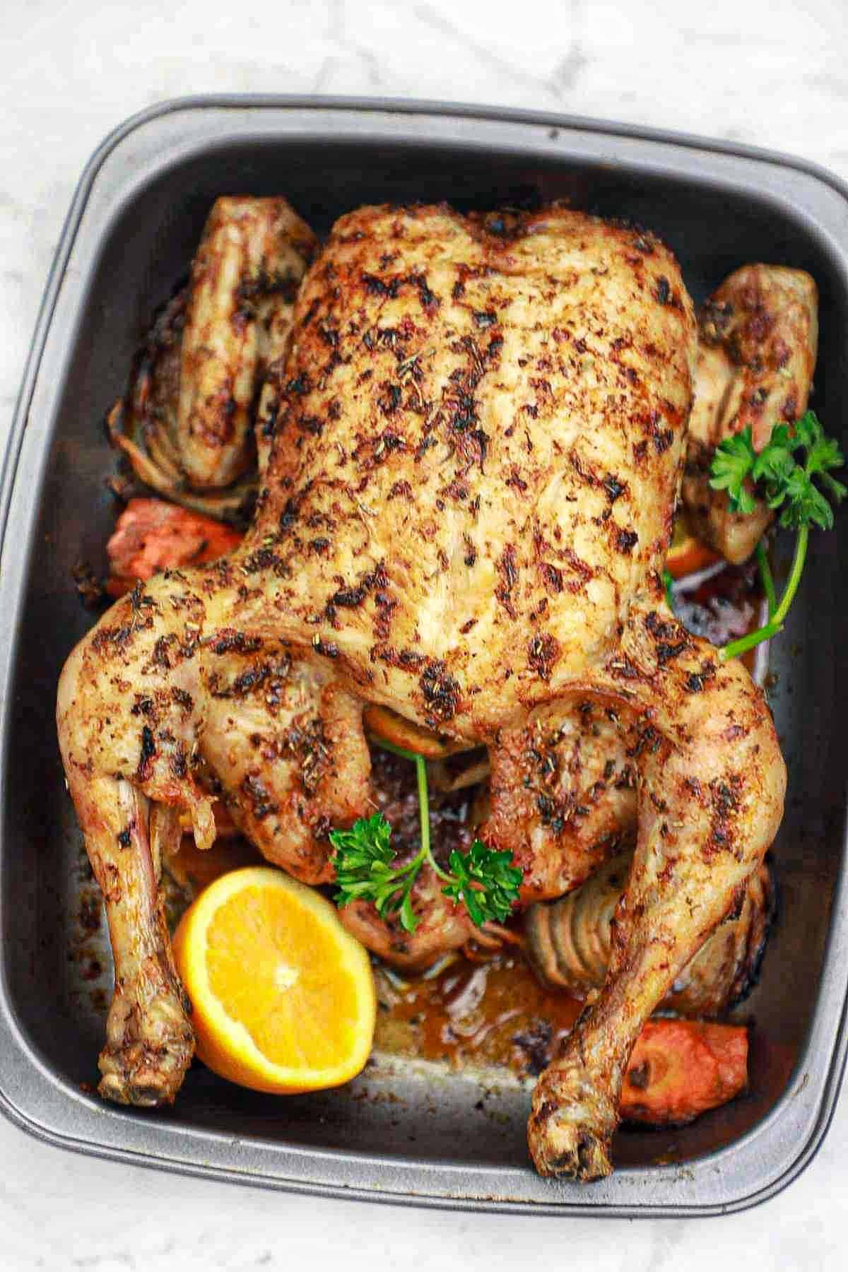 cooked and displayed in the baking tray.