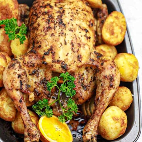 Christmas chicken in a tray.