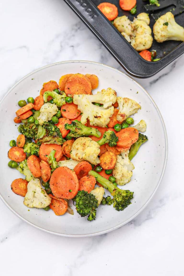 frozen roasted vegetables served in a plate.