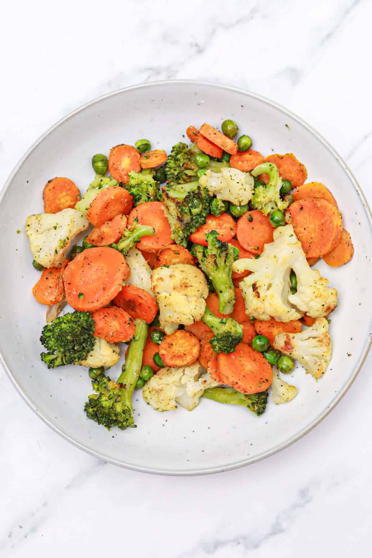 roasted frozen vegetables served on a plate.