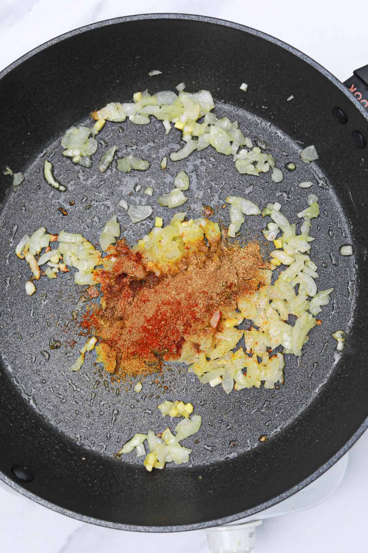 spices added to the skillet.