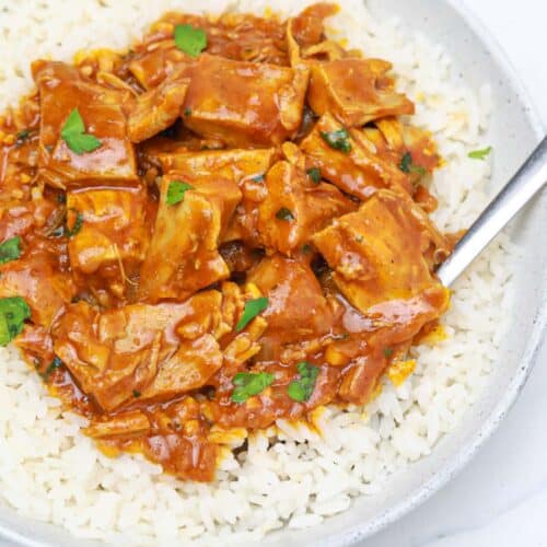 leftover turkey curry served on white rice.